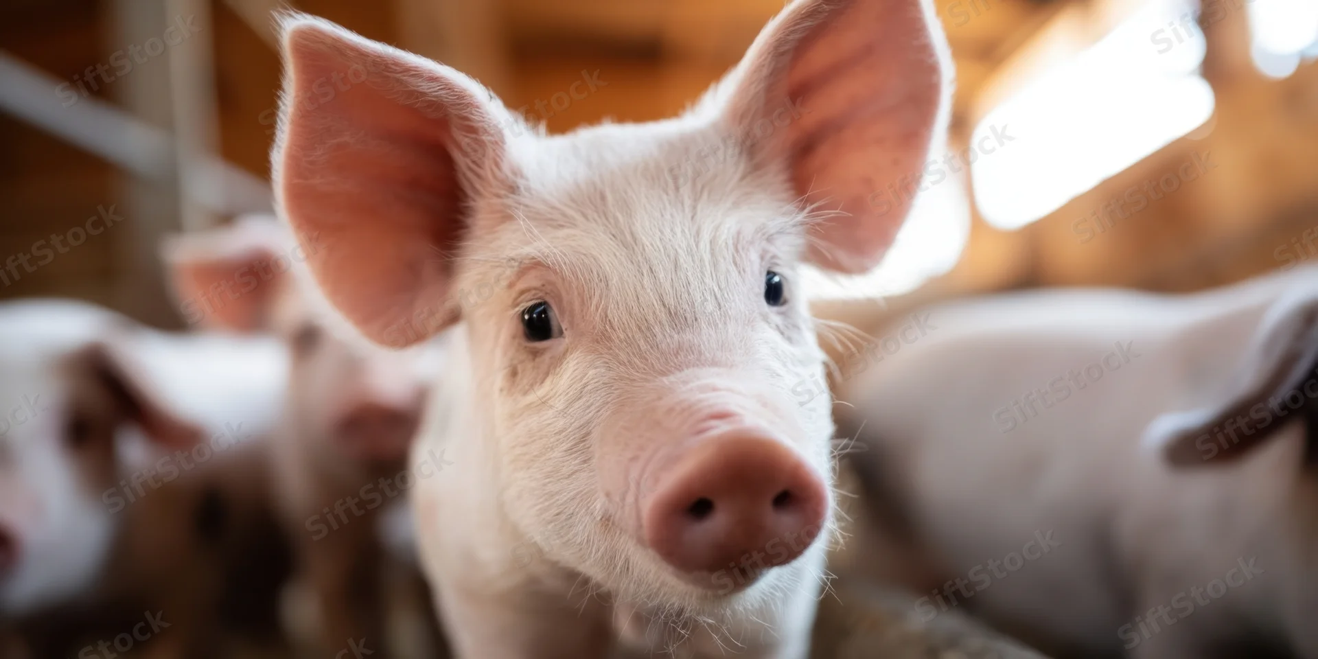 Close-up of a piglet with large ears and pink snout in a barn with other piglets around