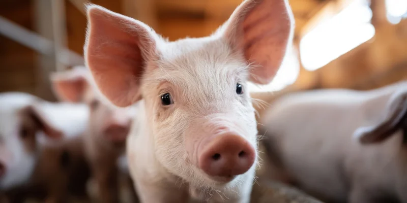Close-up of a piglet with large ears and pink snout in a barn with other piglets around