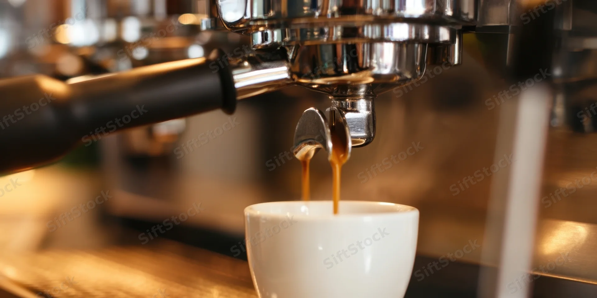 Espresso machine pouring coffee into a white cup on a café counter