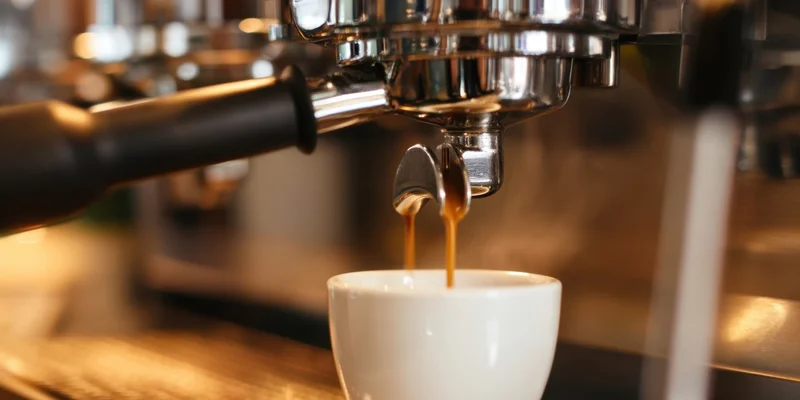 Espresso machine pouring coffee into a white cup on a café counter
