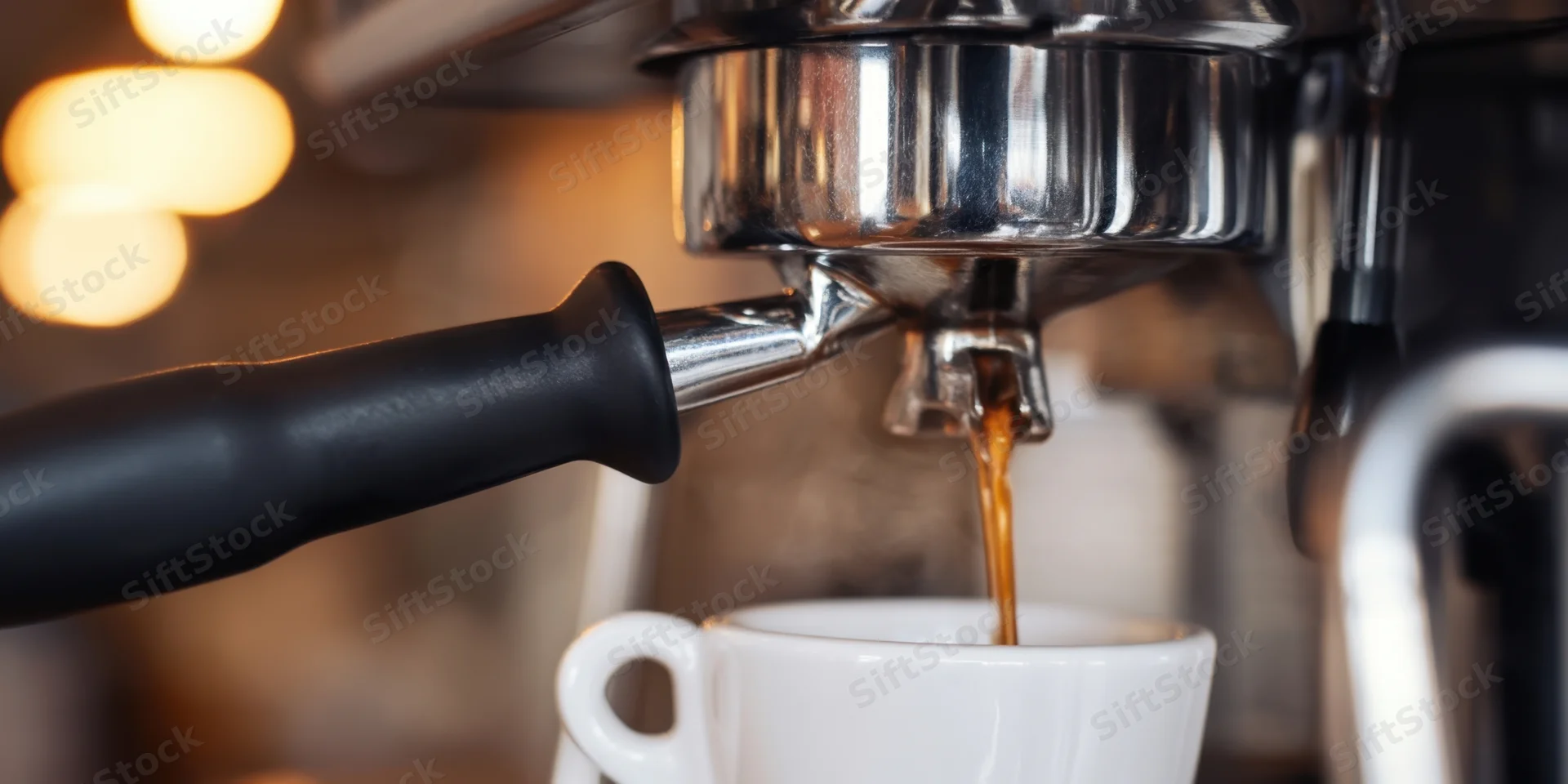 Espresso machine pouring coffee into a white cup in a cafe setting