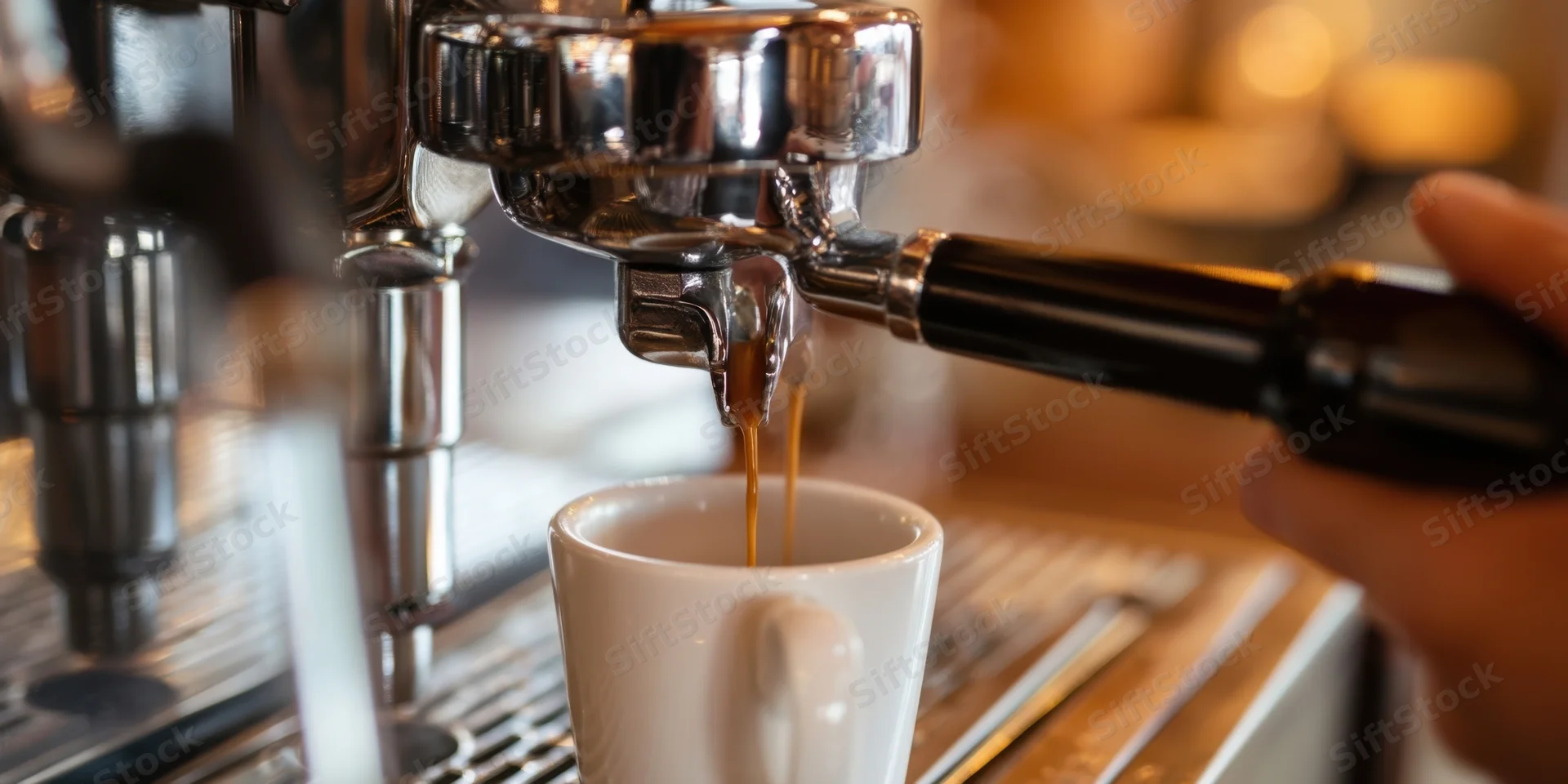 Espresso machine pouring coffee into a white cup at a cafe counter