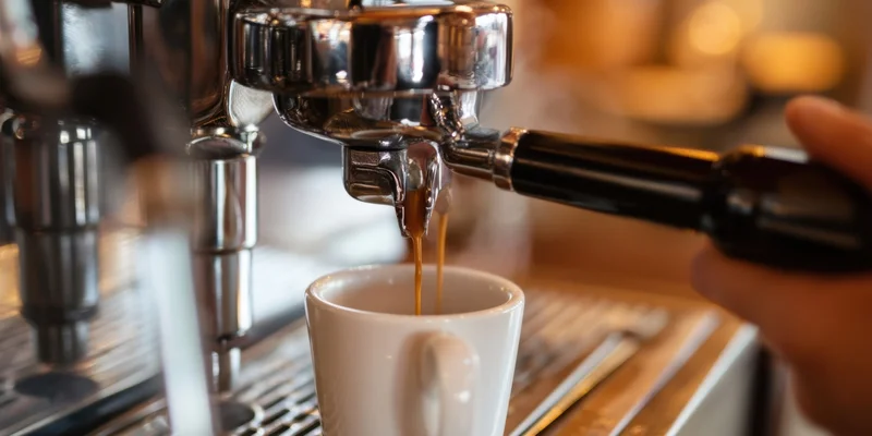 Espresso machine pouring coffee into a white cup at a cafe counter