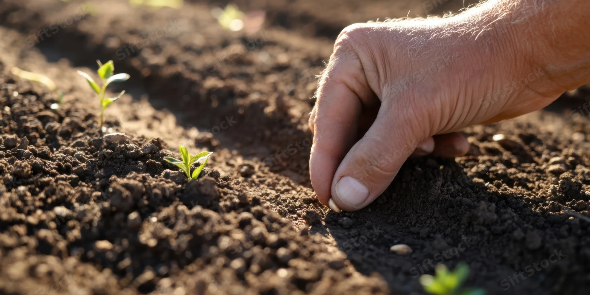 Weathered hand placing a seed into rich dark soil with small green sprouts nearby