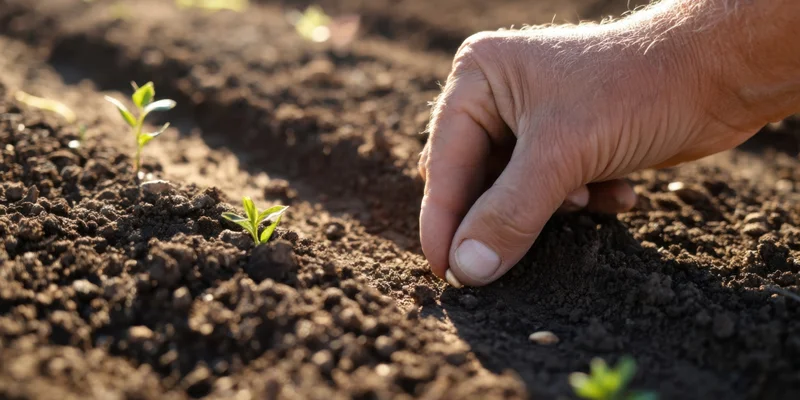 Weathered hand placing a seed into rich dark soil with small green sprouts nearby