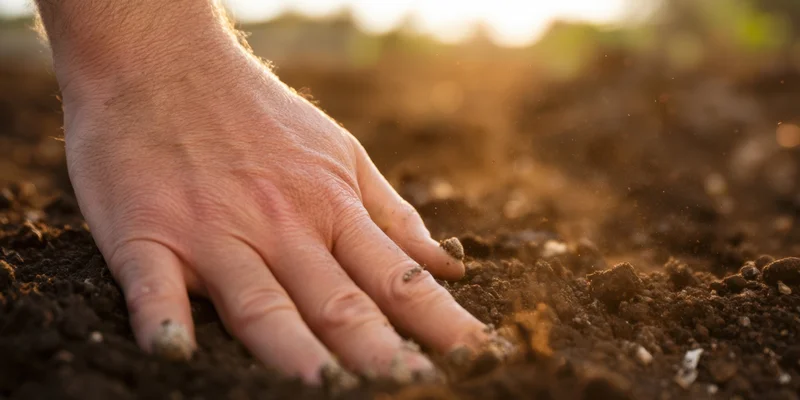 Weathered hand pressing into rich dark soil in a field at golden hour
