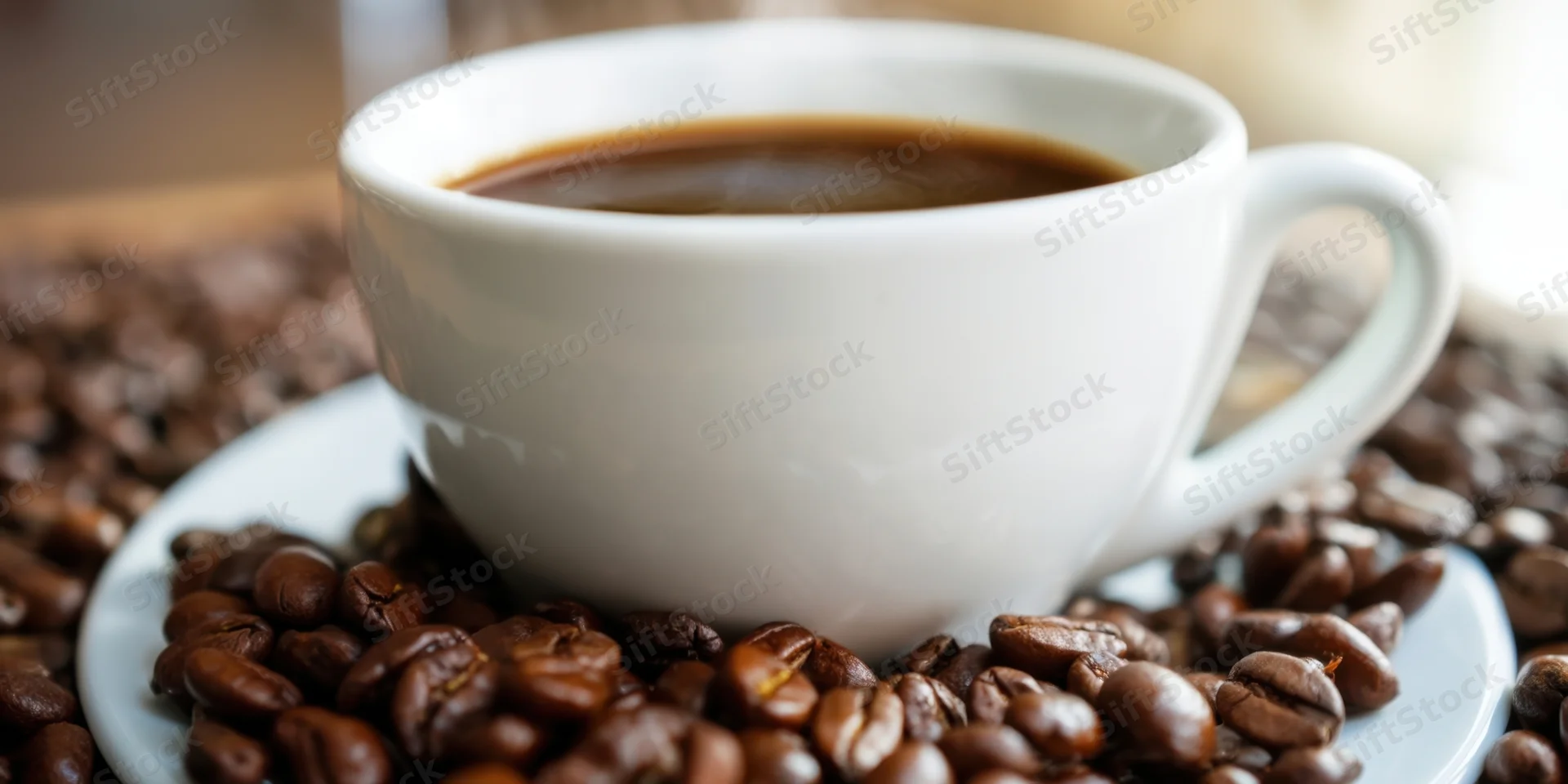 White ceramic coffee cup filled with dark coffee on saucer surrounded by roasted beans