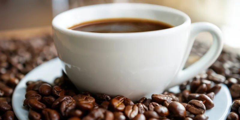 White ceramic coffee cup filled with dark coffee on saucer surrounded by roasted beans