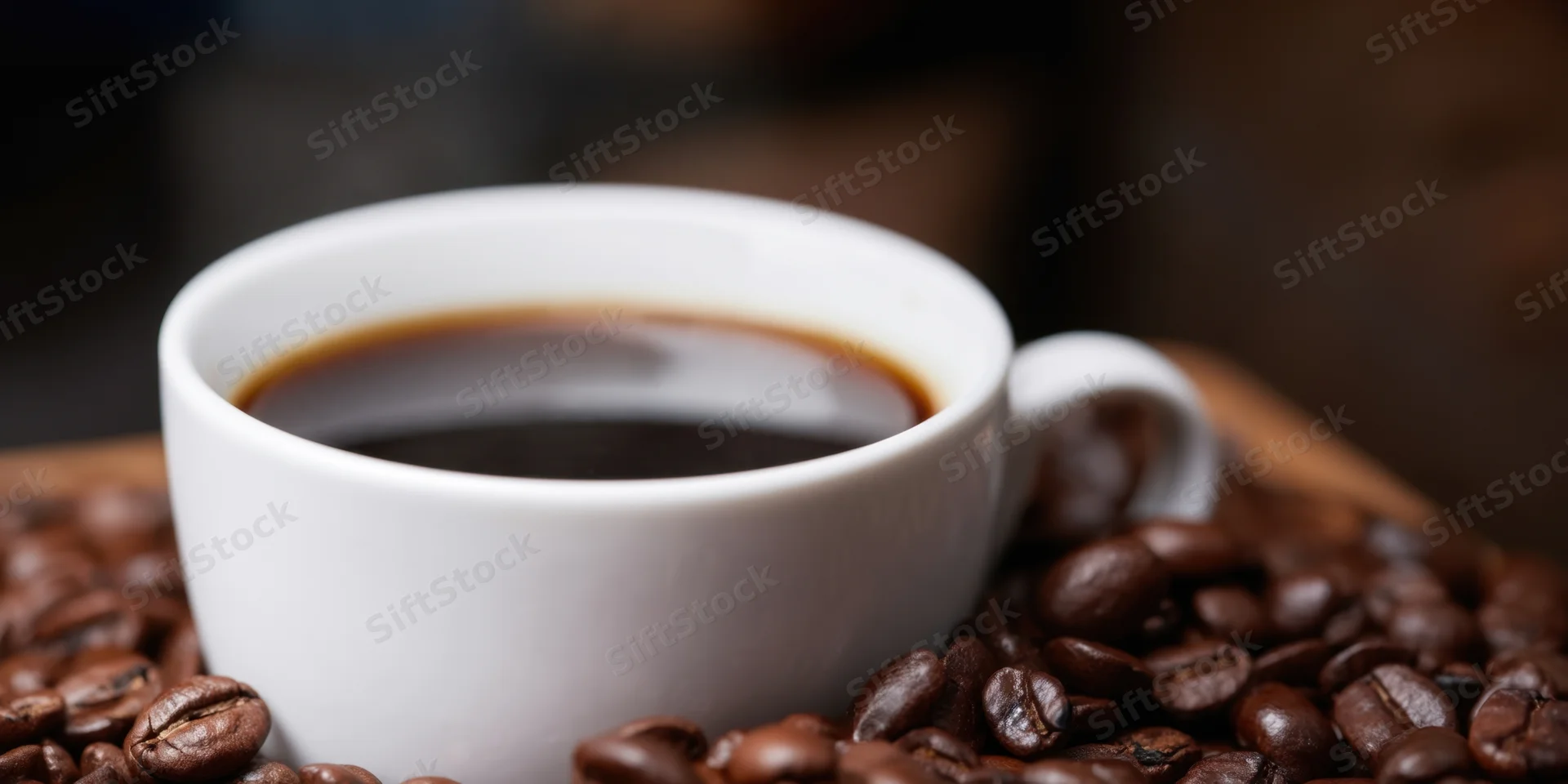 White ceramic coffee cup filled with dark coffee resting on roasted beans on wooden surface