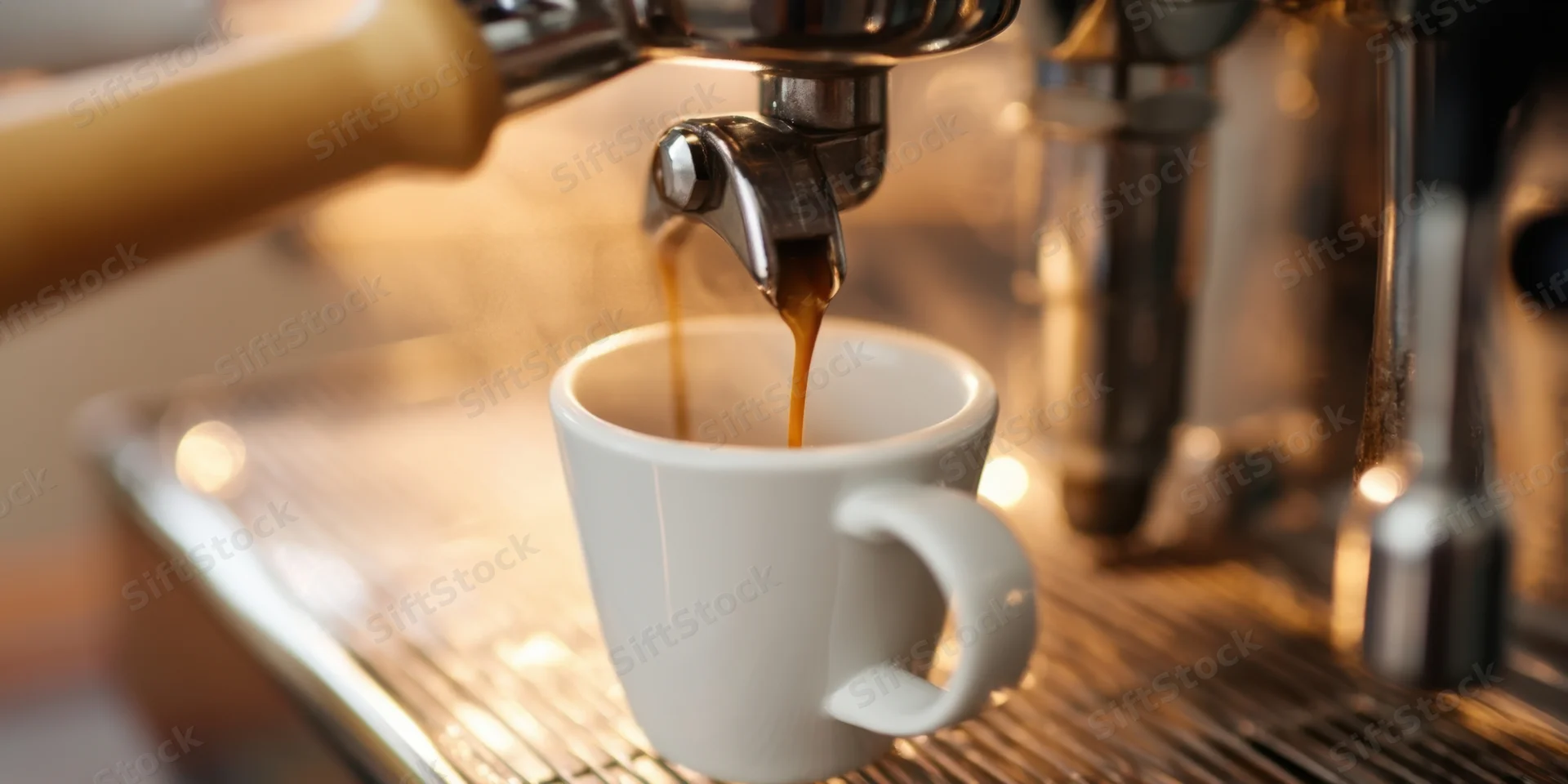 Espresso machine dispensing coffee into a white cup on a metal counter