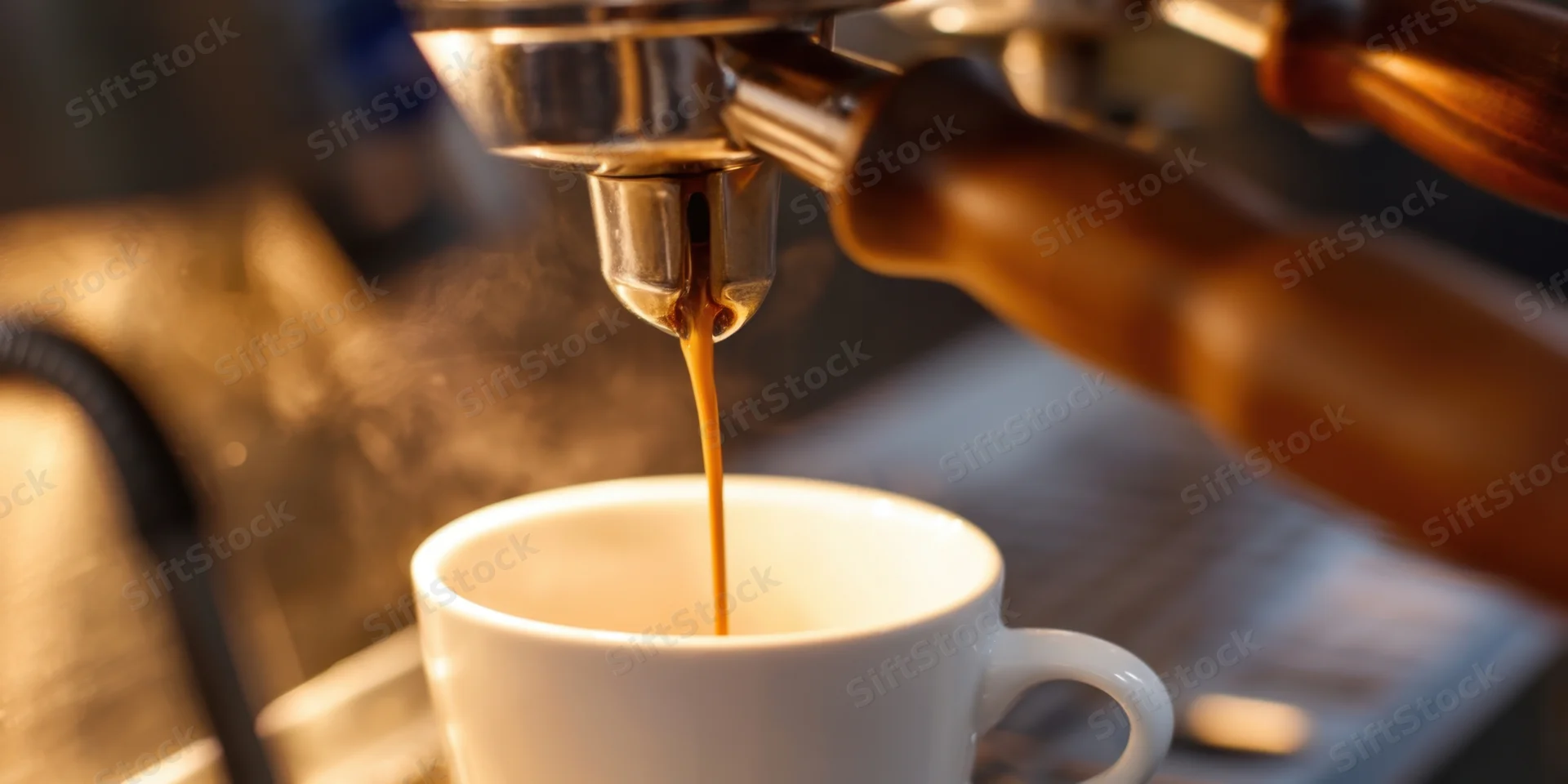 Espresso machine dispensing coffee into a white cup on a cafe counter
