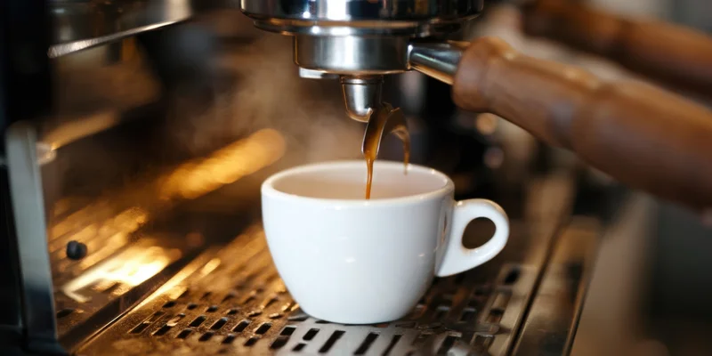 Espresso machine dispensing coffee into a white cup on a metal drip tray