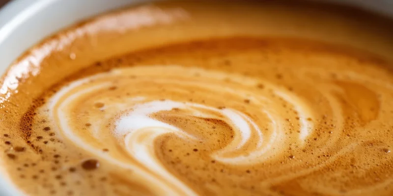 Close-up of cream swirling into hot coffee in a white cup