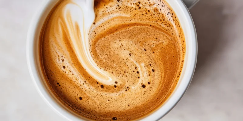 Cream swirling into hot coffee in a white cup from above