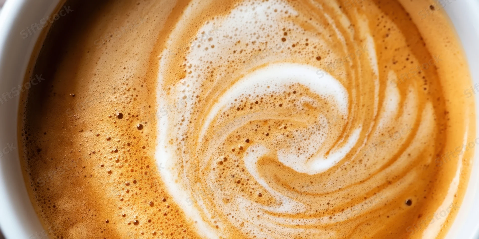 Close-up of cream swirling into hot coffee in a white cup