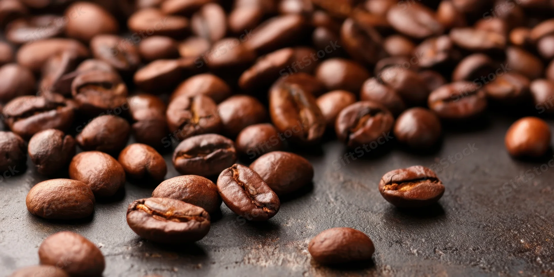 Roasted coffee beans scattered on a dark textured surface in closeup view
