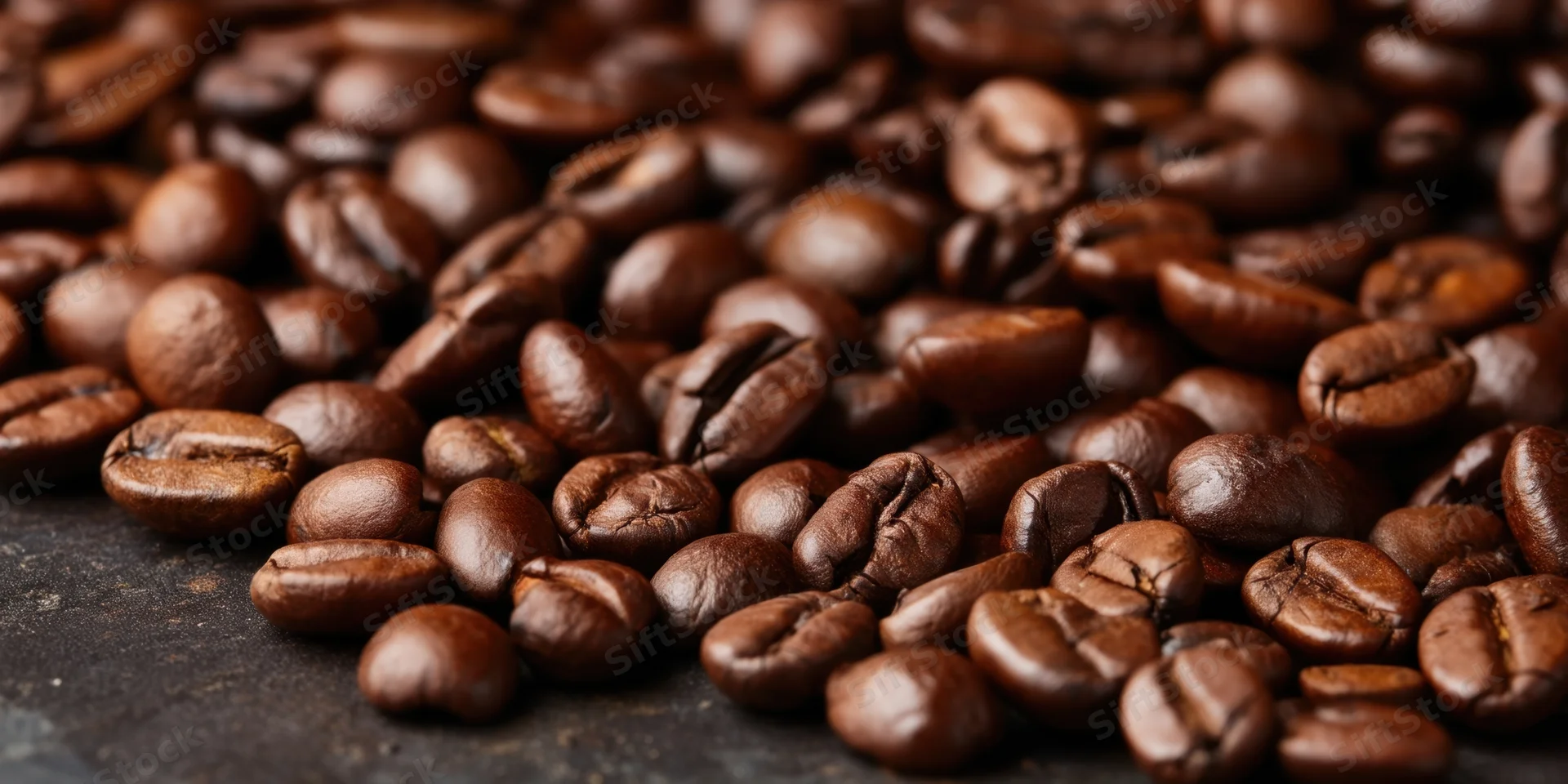 Close-up of glossy roasted coffee beans scattered on a dark surface