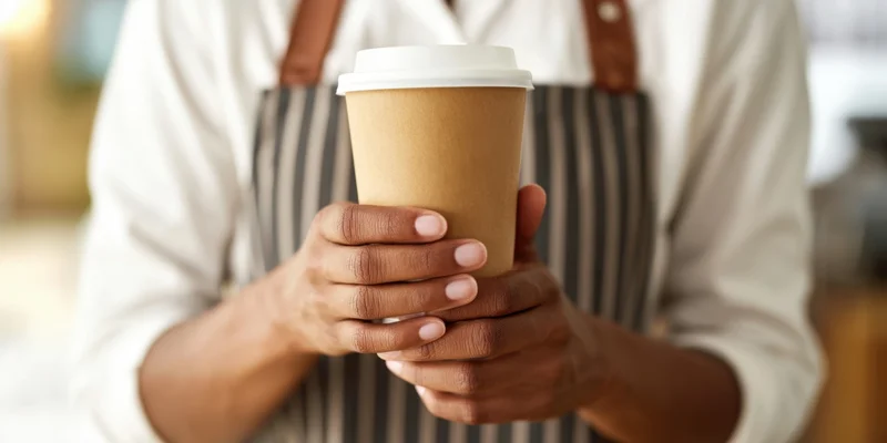 Barista holding a brown disposable coffee cup in a cafe