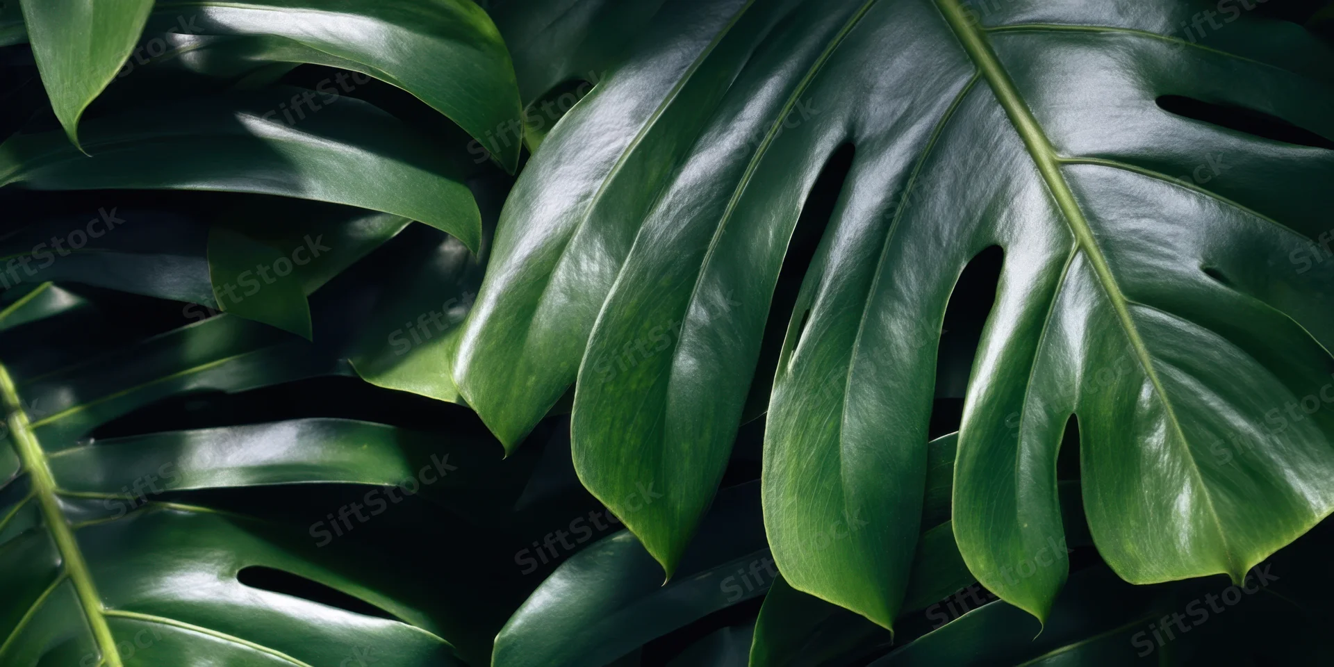 Close-up of layered monstera leaves with glossy surfaces in natural light