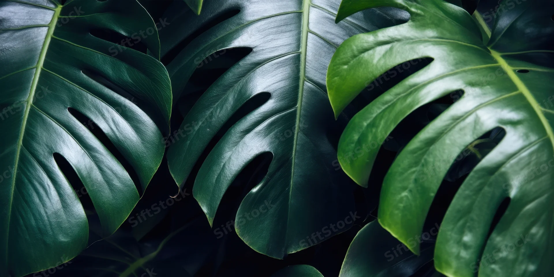 Close-up of layered monstera leaves with glossy surfaces in dark shade
