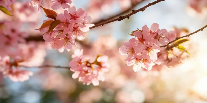 Close-up of pink cherry blossoms blooming on sunlit branches in spring
