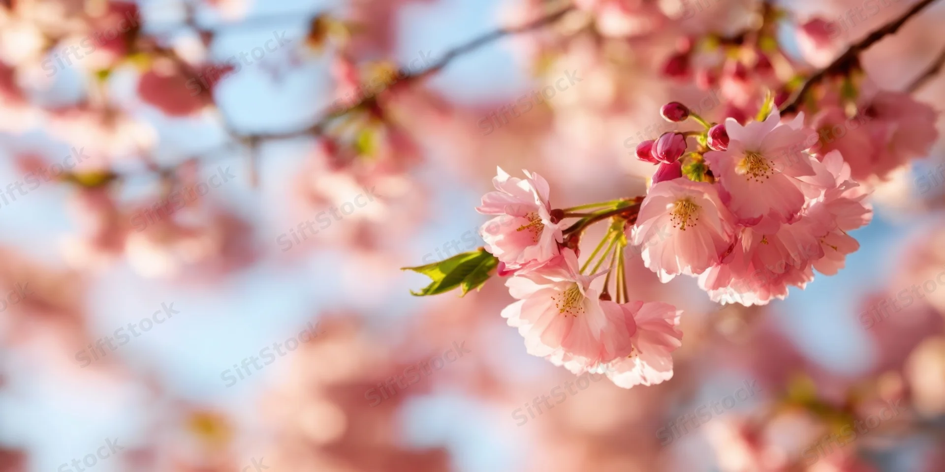 Close-up of pink cherry blossoms blooming on a sunlit branch against a blue sky