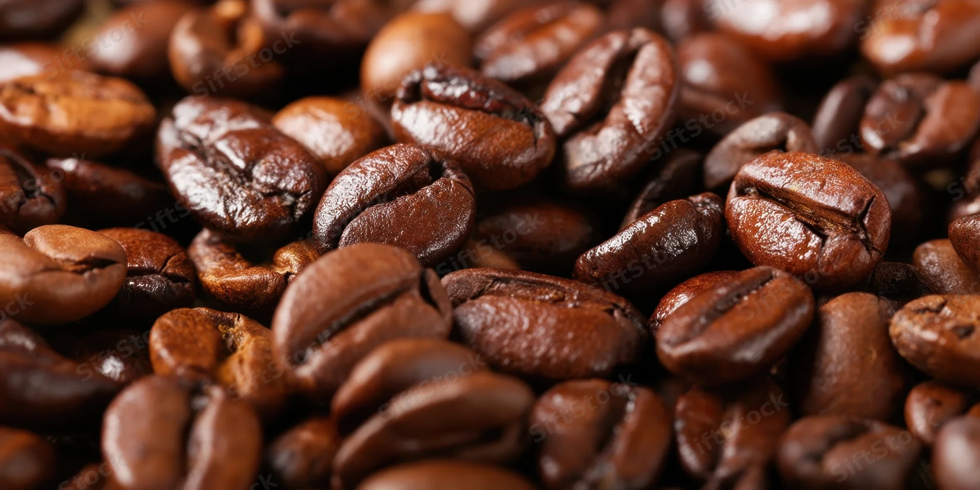 Close-up of roasted coffee beans densely packed and glossy with warm lighting