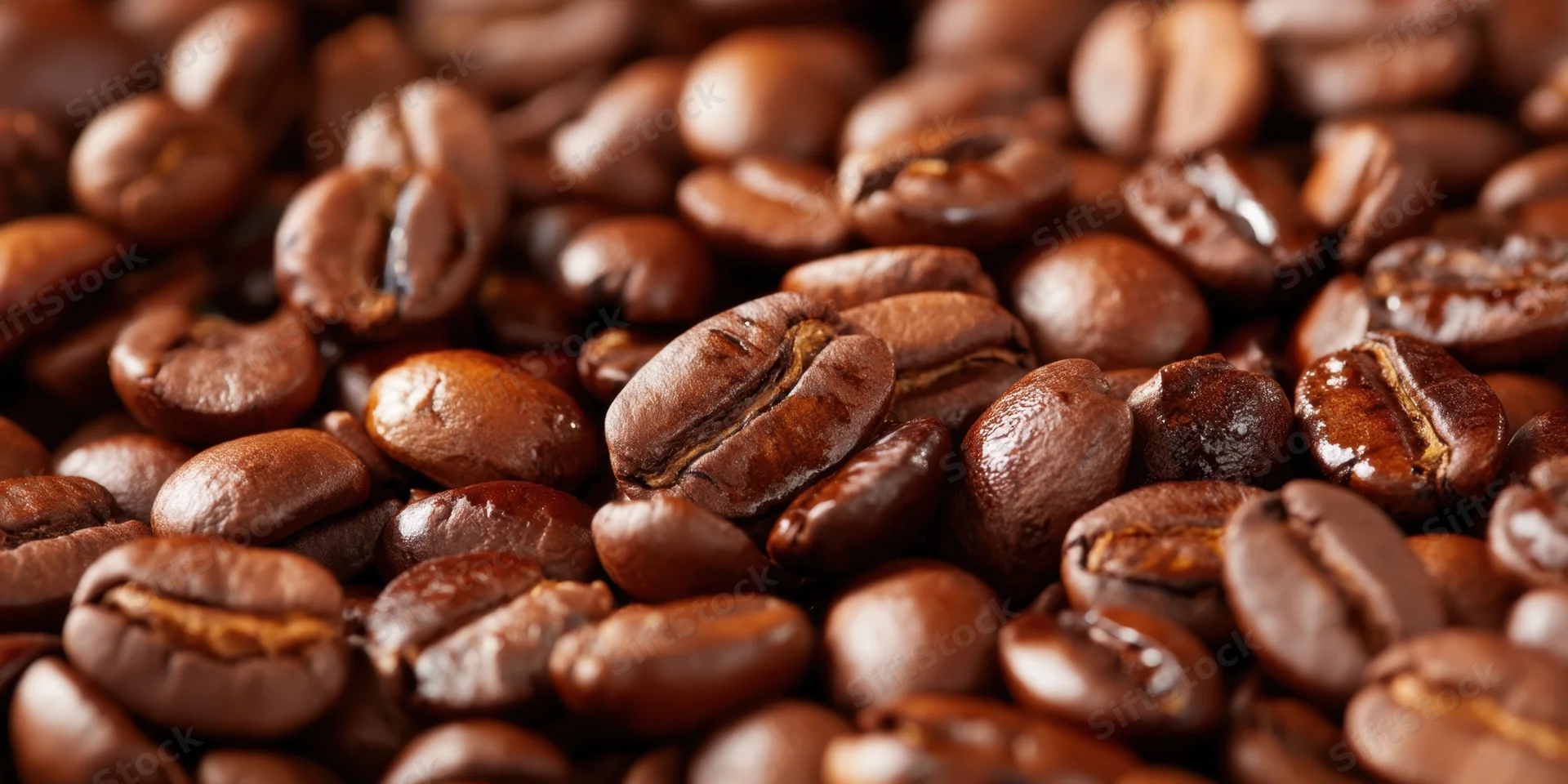 Close-up of roasted coffee beans densely packed and glossy with rich brown texture
