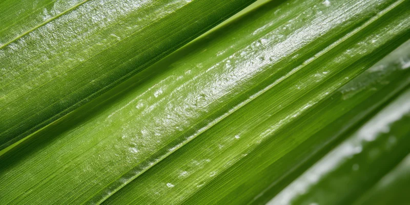 Close-up of vibrant green palm leaves with water droplets and visible veins