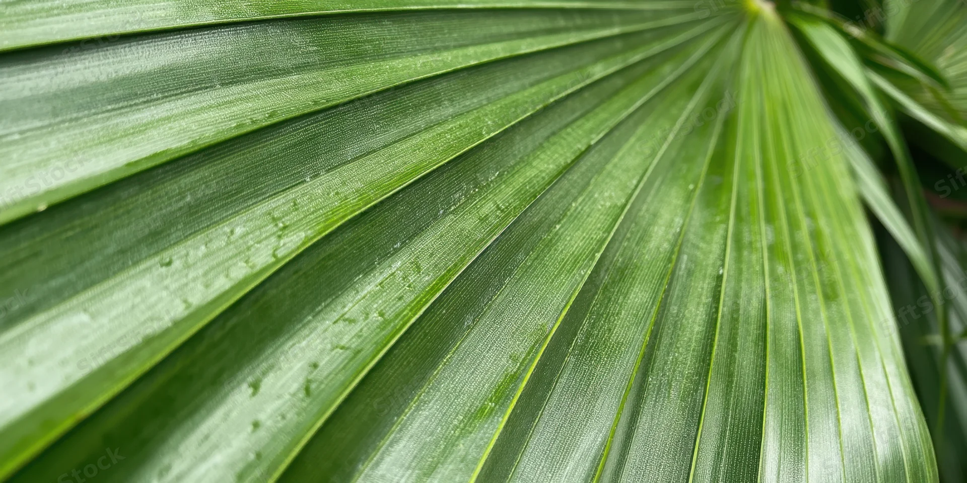 Close-up of a vibrant green palm leaf with visible veins and water droplets, showing natural texture and radial pattern