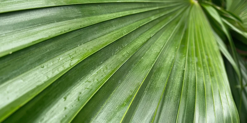 Close-up of a vibrant green palm leaf with visible veins and water droplets, showing natural texture and radial pattern