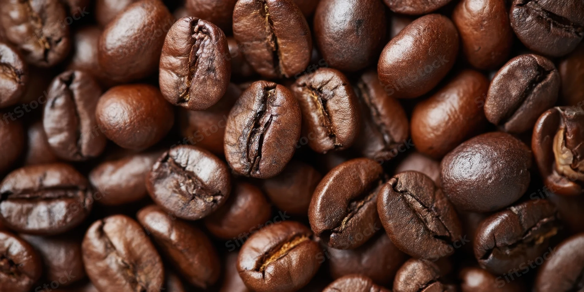 Close-up of roasted coffee beans densely packed on a flat surface