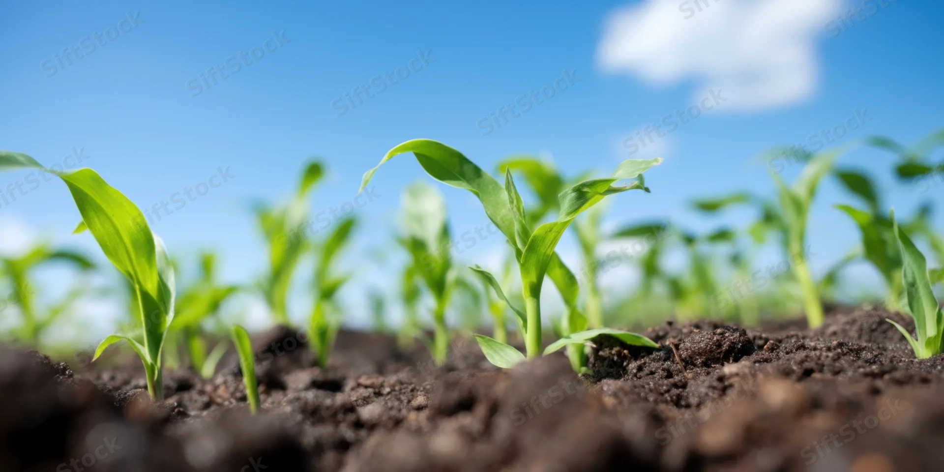 Closeup of corn seedlings emerging from dark soil under a blue sky