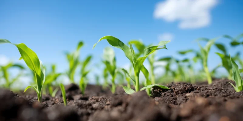 Closeup of corn seedlings emerging from dark soil under a blue sky