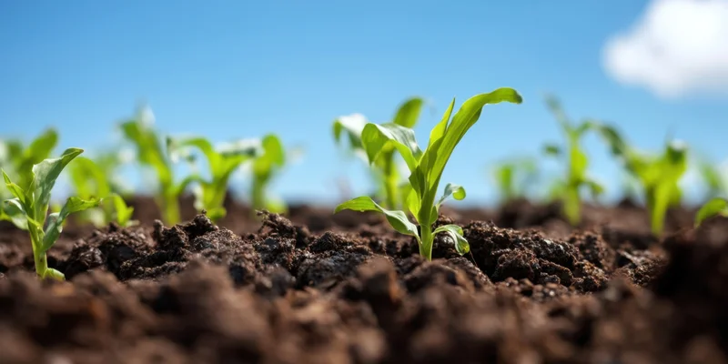 Close-up of corn seedlings emerging from dark soil under a blue sky