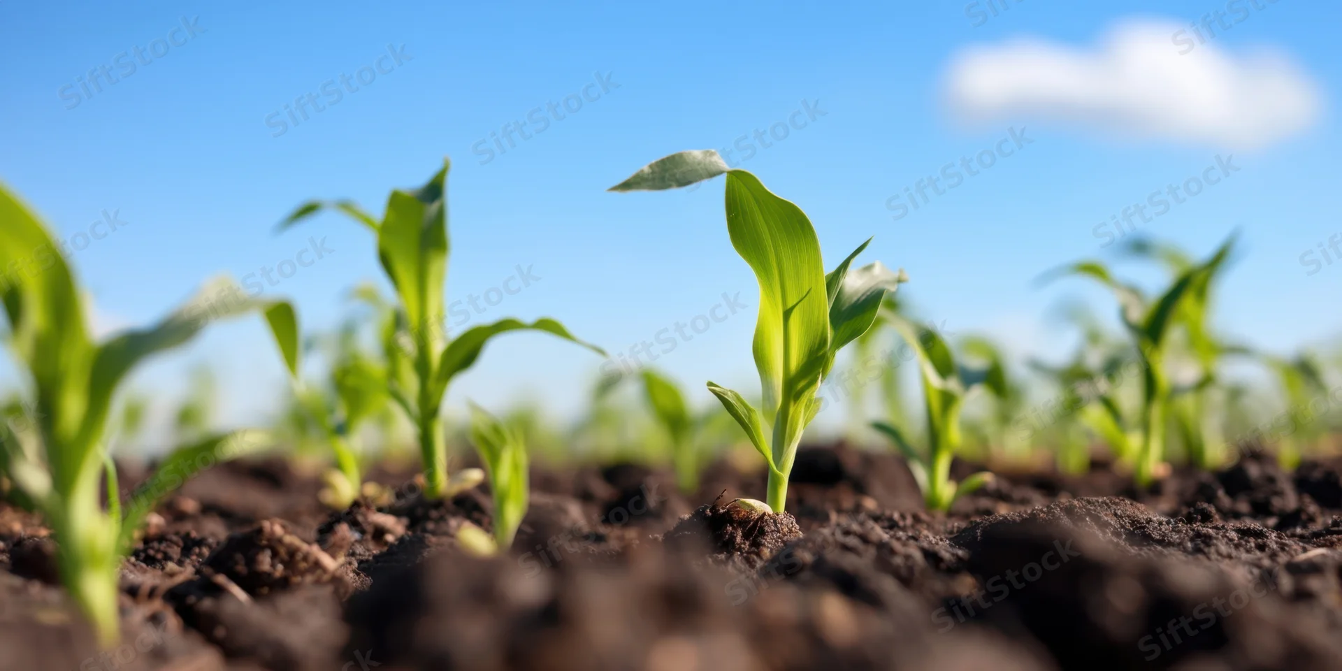 Close-up of corn seedlings emerging from dark soil under a clear blue sky