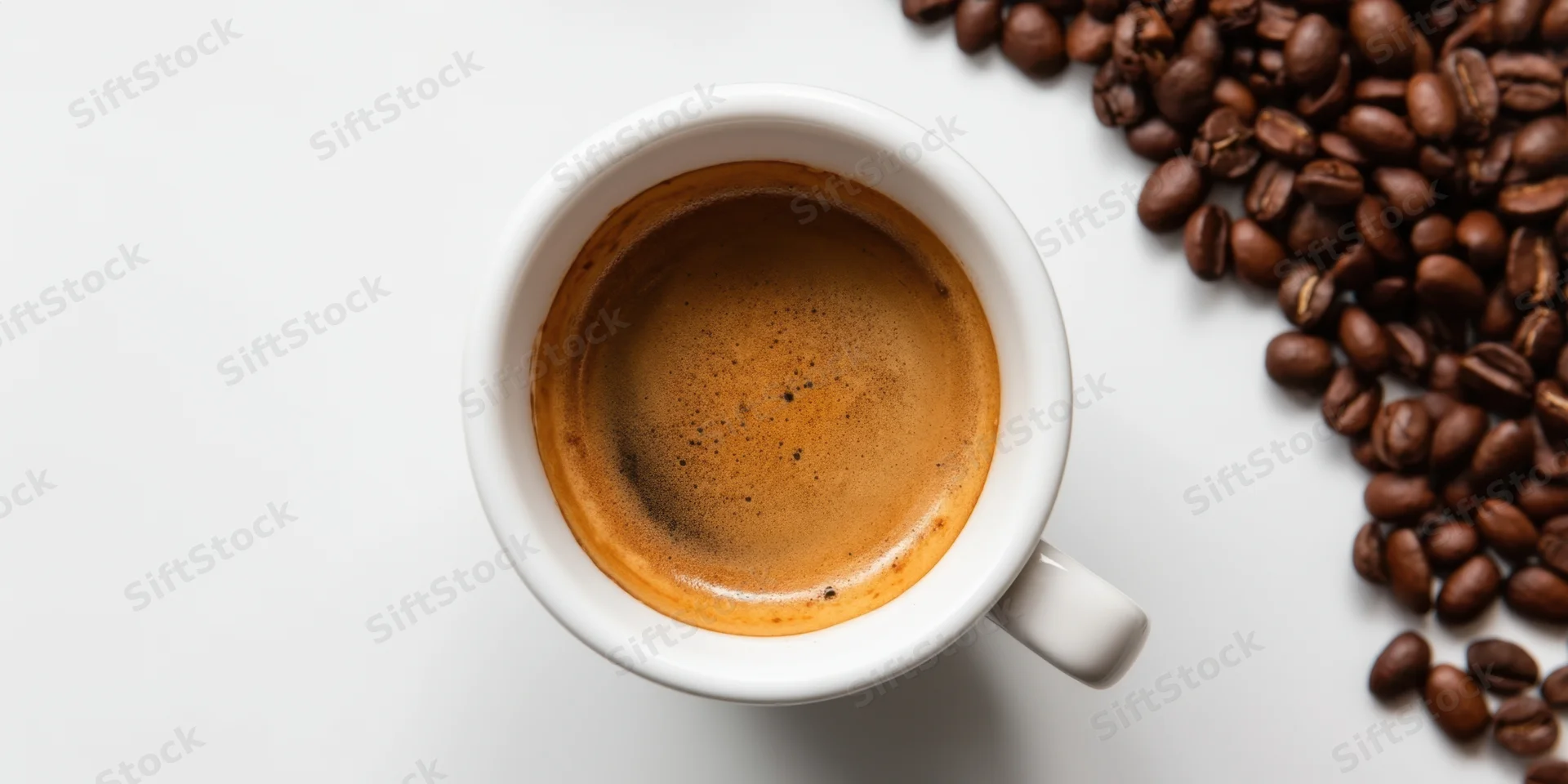 Espresso in a white cup with coffee beans on a white surface, top view