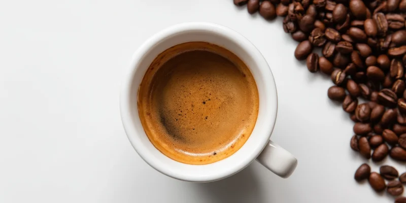 Espresso in a white cup with coffee beans on a white surface, top view
