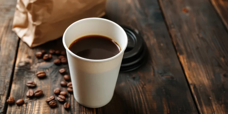Disposable coffee cup filled with black coffee on dark wooden table with scattered beans and paper bag