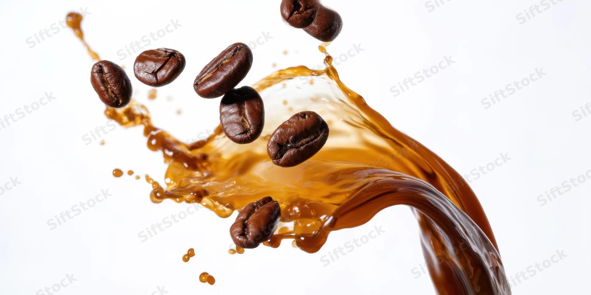 Coffee beans in motion with liquid splash on white background