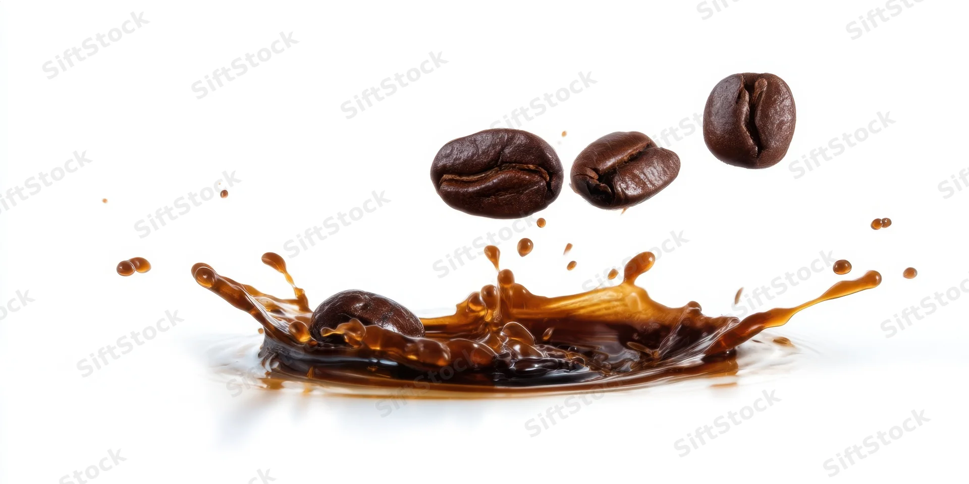 Coffee beans splashing into dark liquid on white background