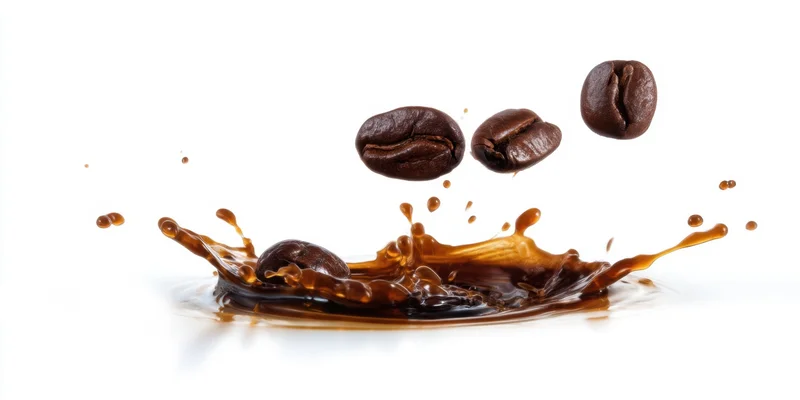 Coffee beans splashing into dark liquid on white background