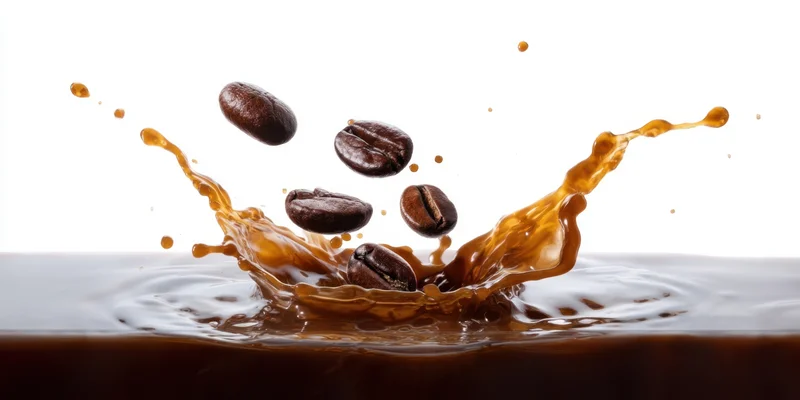 Coffee beans splashing into dark liquid on white background