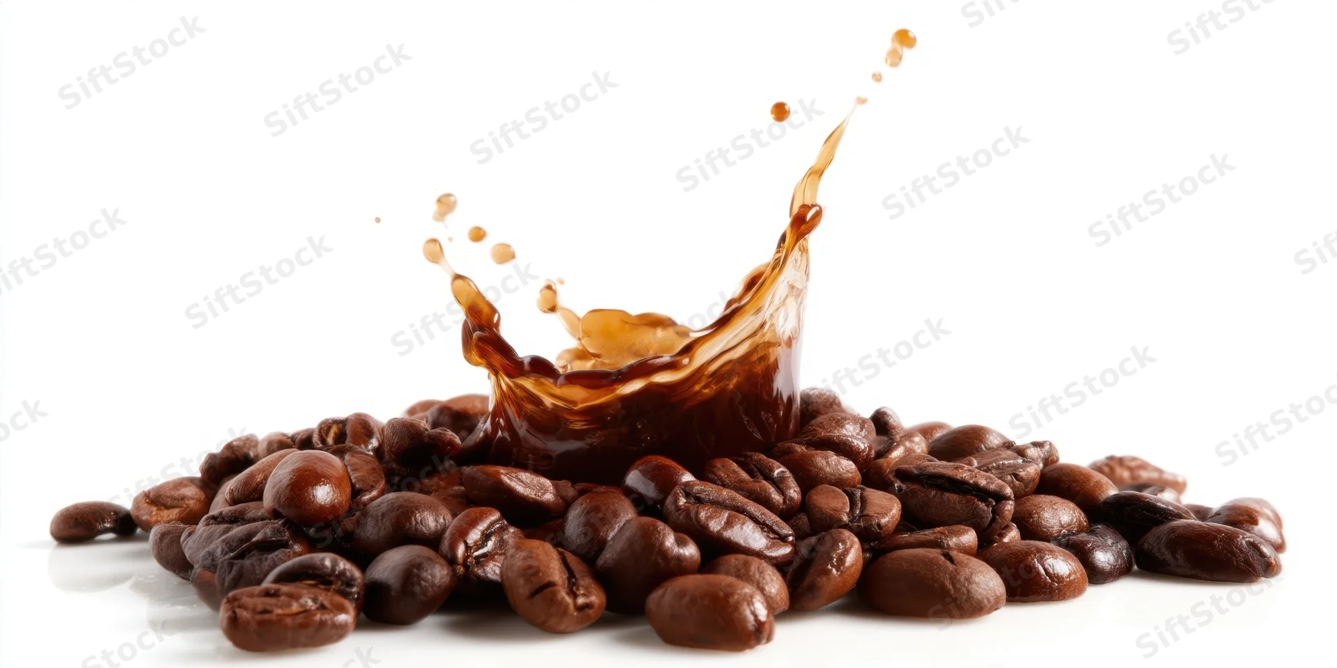 Espresso splash arcs over scattered coffee beans on white background