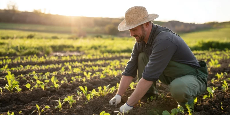 Farmer crouching beside young seedlings in a sunlit field during spring planting season
