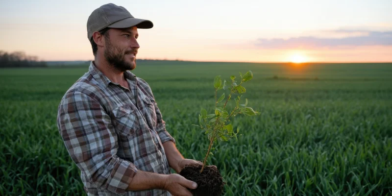 Farmer holding a young plant in a cornfield at sunset