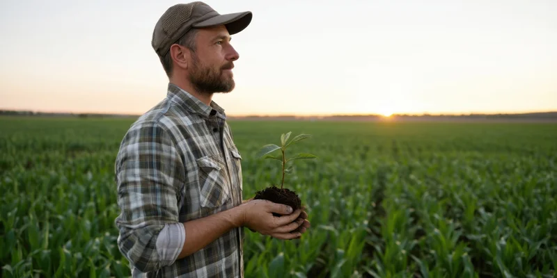 Farmer holding a seedling in a cornfield at sunset
