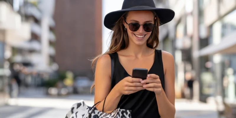 Woman smiling while using smartphone on city street