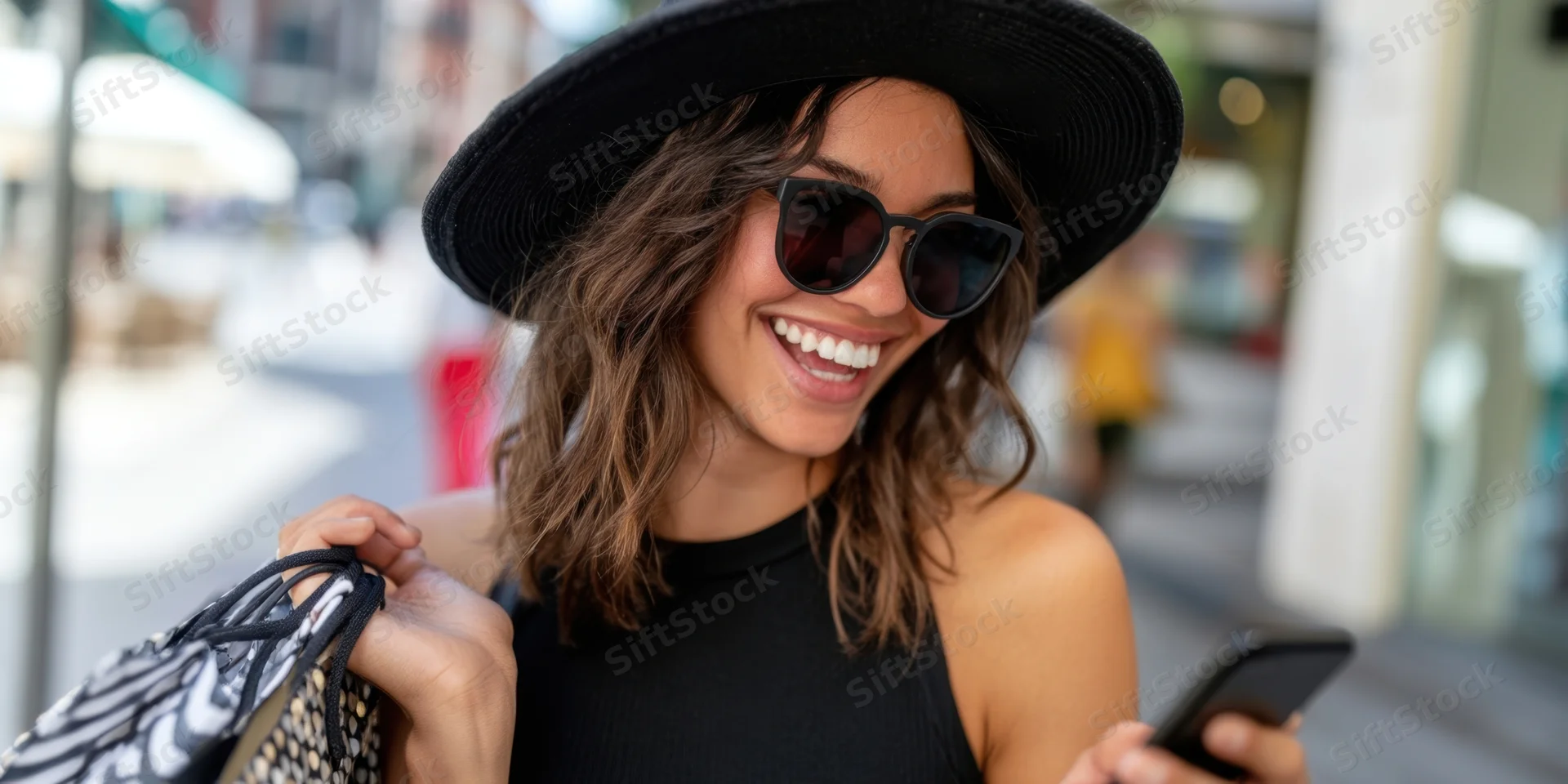 Smiling woman holding smartphone and shopping bag on city sidewalk