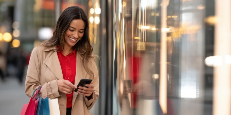 Woman smiling while using smartphone outside glossy storefront holding shopping bags